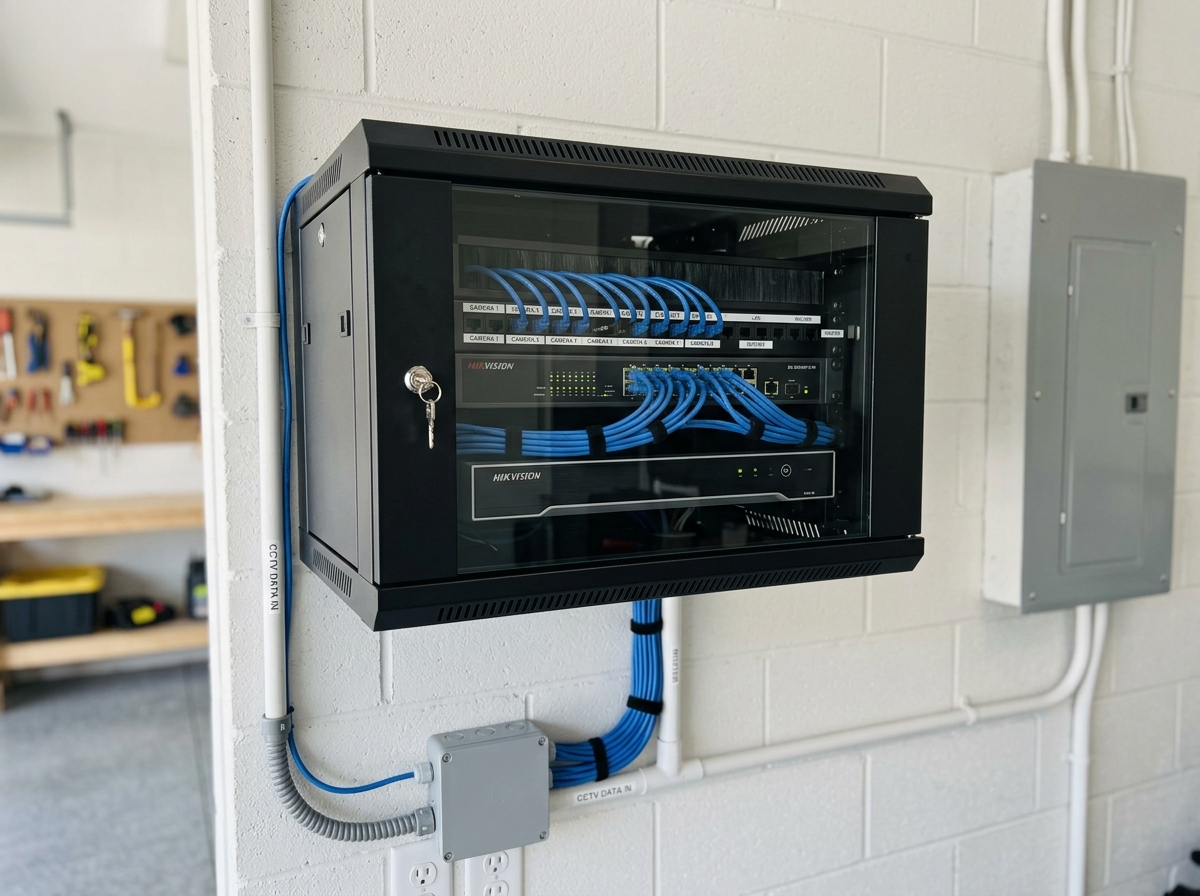 Professional tidy NVR data rack installation with zero messy cabling in Logan property